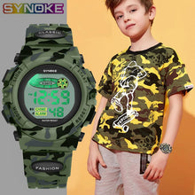 Load image into Gallery viewer, SYNOKE Sports Military Kids Digital Watches Student Children's Watch Fashion Luminous Led Alarm Camouflage Green Boy Clock